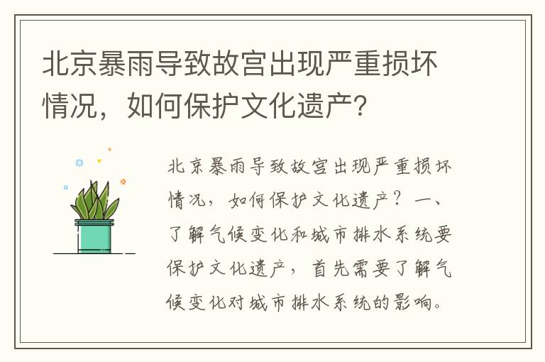 北京暴雨導致故宮出現嚴重損壞情況，如何保護文化遺產(chǎn)？