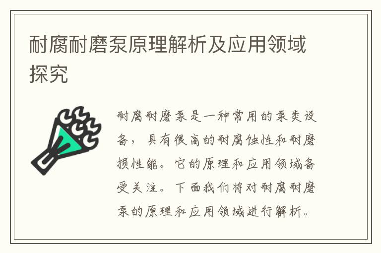 耐腐耐磨泵原理解析及應用領(lǐng)域探究