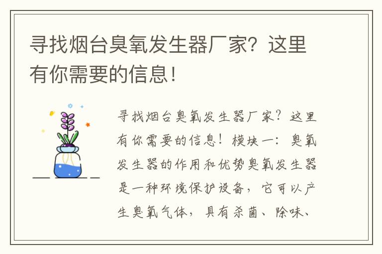 尋找煙臺臭氧發(fā)生器廠(chǎng)家？這里有你需要的信息！