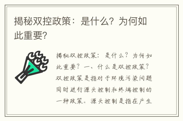 揭秘雙控政策：是什么？為何如此重要？