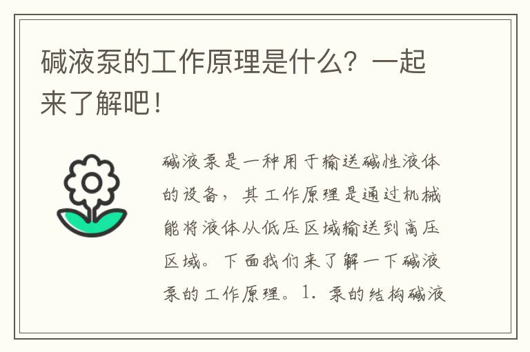 堿液泵的工作原理是什么？一起來(lái)了解吧！