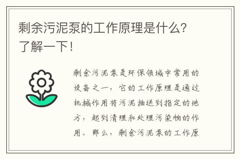 剩余污泥泵的工作原理是什么？了解一下！