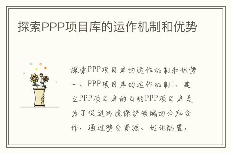 探索PPP項目庫的運作機制和優(yōu)勢