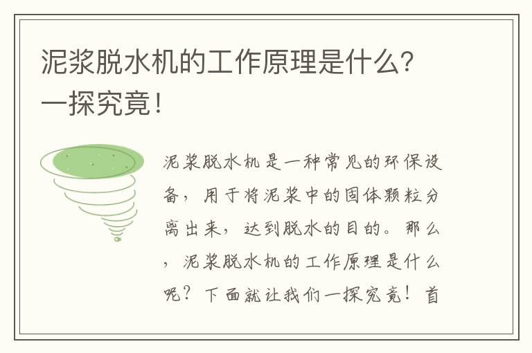 泥漿脫水機的工作原理是什么？一探究竟！