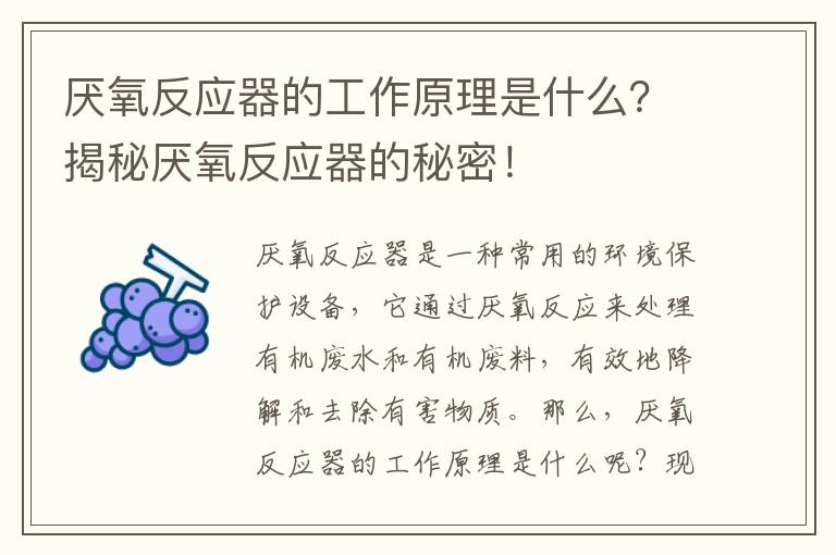 厭氧反應器的工作原理是什么？揭秘厭氧反應器的秘密！