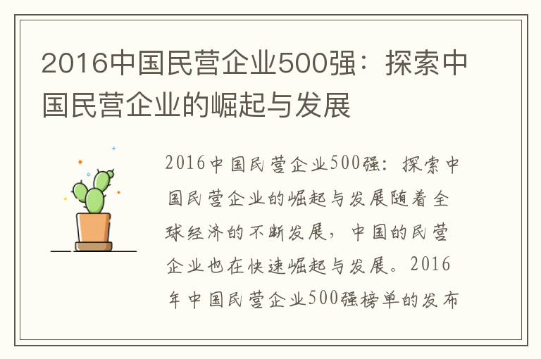 2016中國民營(yíng)企業(yè)500強：探索中國民營(yíng)企業(yè)的崛起與發(fā)展